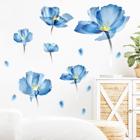 Aquarell Blau Blumen Wandtattoo PVC Künstlerisch Blume Wandaufkleber Für Wohnzimmer Schlafzimmer Zuhause Wand Dekoration
