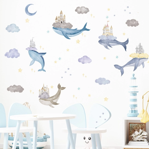 Dromerige Aquarel Walvis Kasteel Muursticker PVC Maan Sterren Wolken Kinderkamer DIY Verwijderbare Decoratieve Kunst Muurschildering