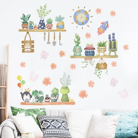 Cartoon Potted Plants And Succulents Wall Stickers With Penguin Rocket Patterns For Kids Room Living Room PVC Home Decor