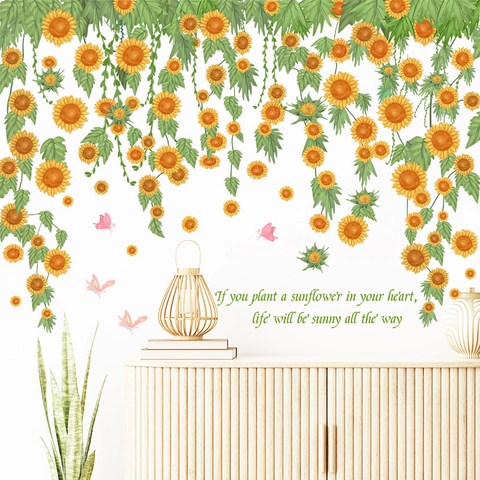 Sunflower Wall Stickers Removable PVC Floral Decor With Butterfly And Inspirational Quote For Living Room Bedroom Home Decoration