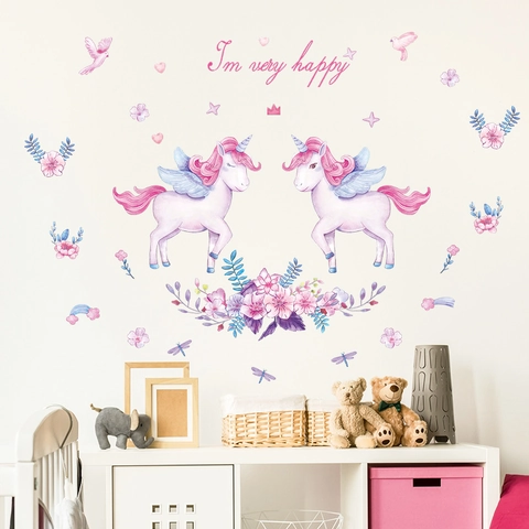 Vinilos Decorativos Unicornio Acuarela Flores Rosas Pájaros Mariposa Calcomanías de Pared Para Dormitorio Niñas Niños