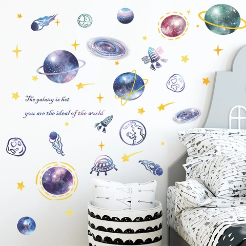 Cartoon Dreamy Universe Planet Spaceship Wall Stickers Removable PVC Galaxy Decals For Kids Bedroom Background Wall Decor