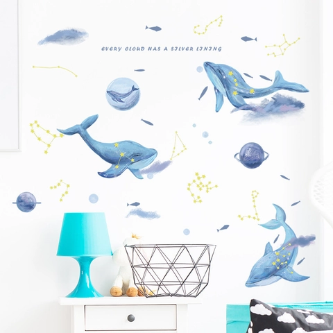 Traumhafte Blaue Aquarell Wal Planeten Wandtattoo Mit Inspirierendem Zitat PVC Sterne Sternbilder Aufkleber Für Kinderzimmer