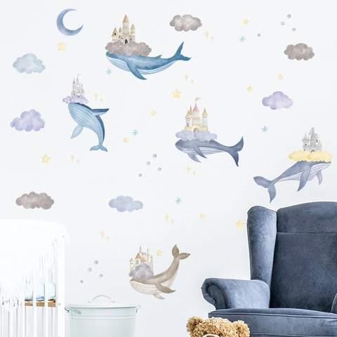 Dromerige Aquarel Walvis Kasteel Muursticker PVC Maan Sterren Wolken Kinderkamer DIY Verwijderbare Decoratieve Kunst Muurschildering