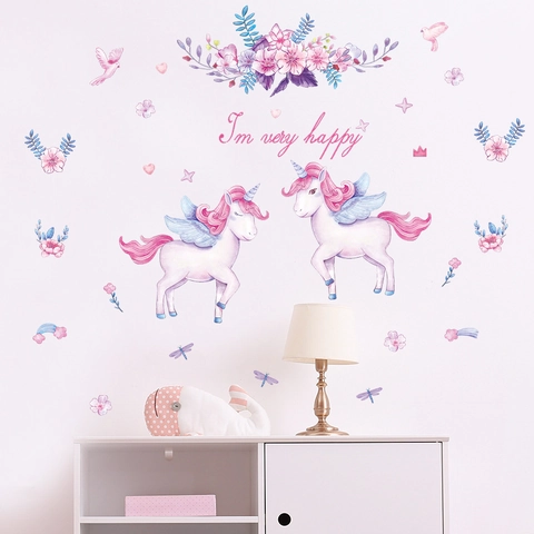 Vinilos Decorativos Unicornio Acuarela Flores Rosas Pájaros Mariposa Calcomanías de Pared Para Dormitorio Niñas Niños