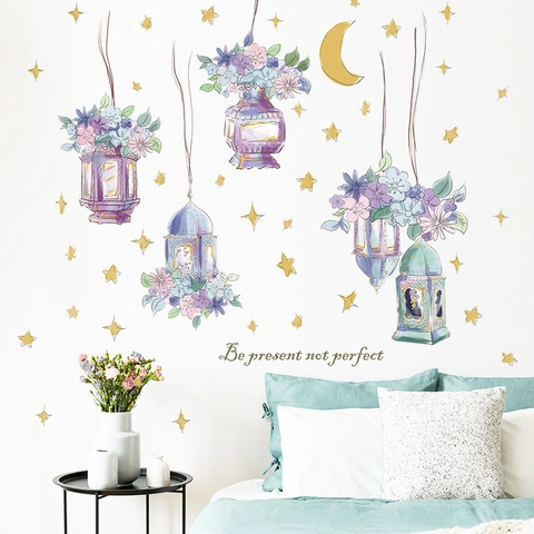 Pegatinas de Pared de Acuarela Linternas de Flores Luna Estrellas Cita Be Present Not Perfect Calcomanías de PVC Removibles para Decoración de Sala de Estar Dormitorio