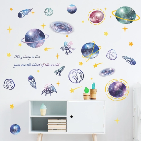 Cartoon Dreamy Universe Planet Spaceship Wall Stickers Removable PVC Galaxy Decals For Kids Bedroom Background Wall Decor