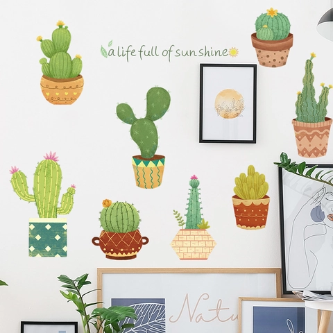 Kaktus Topfpflanzen Wandaufkleber PVC Abnehmbare Grüne Sukkulenten Wandtattoos Für Wohnzimmer Schlafzimmer Home Decor DIY Kunst