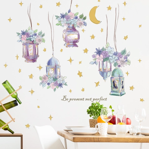 Pegatinas de Pared de Acuarela Linternas de Flores Luna Estrellas Cita Be Present Not Perfect Calcomanías de PVC Removibles para Decoración de Sala de Estar Dormitorio
