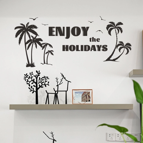 Adhesivo de Pared de Cocotero Tropical Enjoy The Holidays Silueta Negra PVC Gaviota Calcomanía de Pared para Sala de Estar Decoración