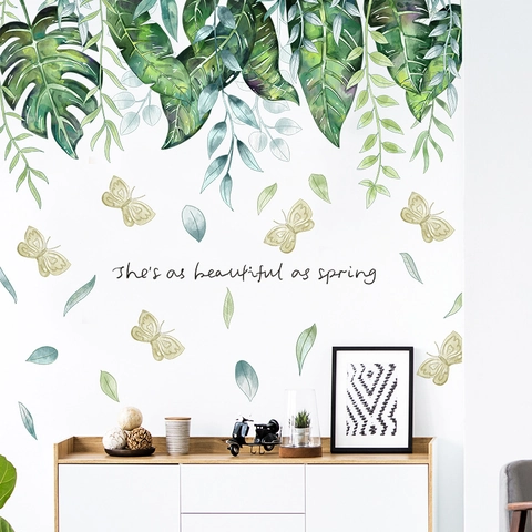 Tropical Green Leaf Monstera Butterfly Wall Sticker For Living Room Bedroom Decor Self Adhesive Aesthetic PVC Mural Decal