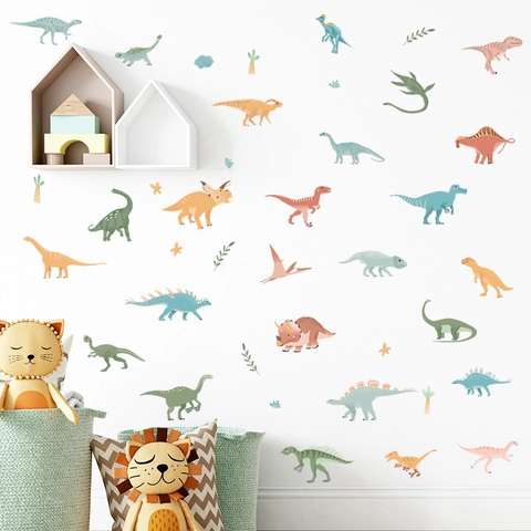Cartoon Dinosaur Wall Stickers Kids Room Nursery Decor Removable PVC Hand-drawn Morandi Animal Wall Decals Nursery Decals