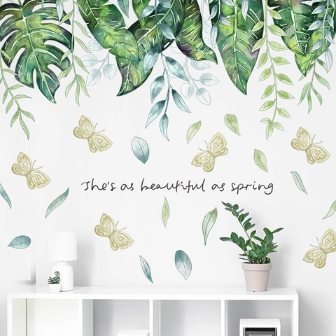 Tropical Green Leaf Monstera Butterfly Wall Sticker For Living Room Bedroom Decor Self Adhesive Aesthetic PVC Mural Decal