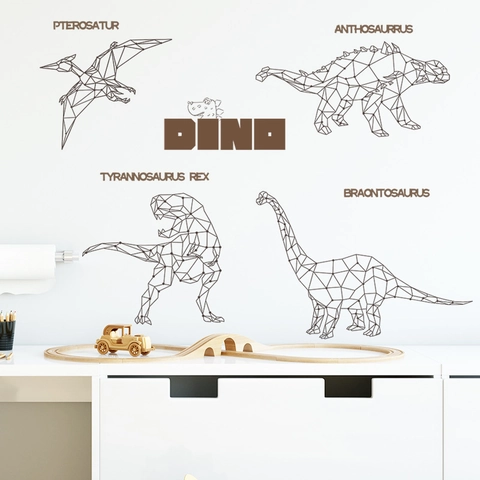Geometrische Dinosaurier Wandaufkleber PVC Abnehmbare Selbstklebende Decals Für Kinderzimmer Schlafzimmer Dekor Dunkelbraun Tier Kunst