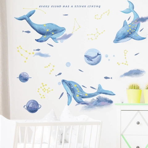 Watercolor Whale Planet Wall Stickers For Kids Room PVC Self-Adhesive Stars Constellation Marine Theme Nursery Wall Decals