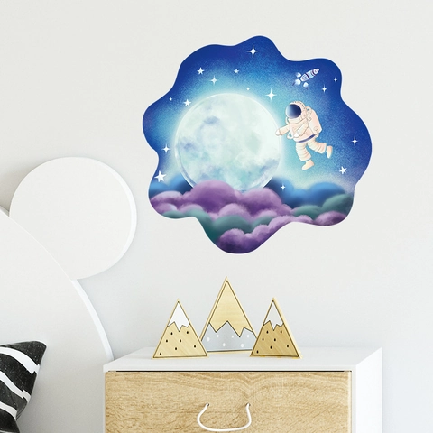 Adesivo Murale Astronauta Cielo Stellato Cartone Animato in PVC Autoadesivo Tema Spaziale Luna Razzo per Cameretta Bambini Casa Decor