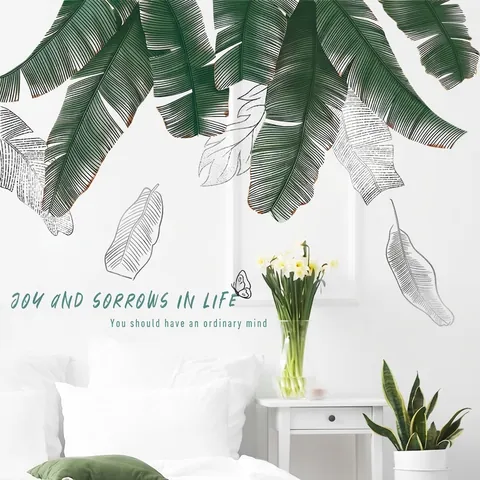 Stickers Muraux Feuilles Plantes Vertes Tropicales PVC Auto-Adhésif Minimaliste Nordique Feuilles Bananier Décoration Maison