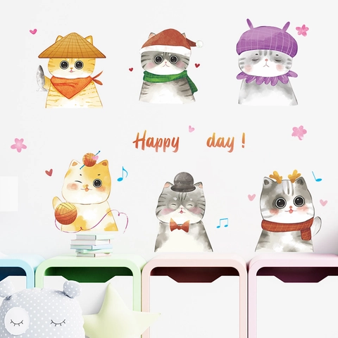 Cartoon Aquarell Katze Wandtattoo DIY PVC Selbstklebende Tiere Aufkleber Für Kinderzimmer Schlafzimmer Hintergrund Dekoration Murals