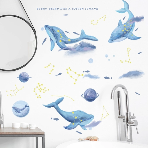 Watercolor Whale Planet Wall Stickers For Kids Room PVC Self-Adhesive Stars Constellation Marine Theme Nursery Wall Decals