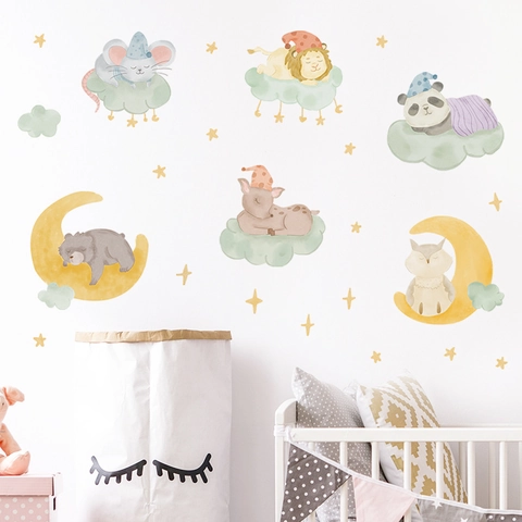 Pegatinas De Pared Animales Dibujos Animados Luna Estrellas PVC Acuarela Decoración Guardería Para Dormitorio Niños Bebé