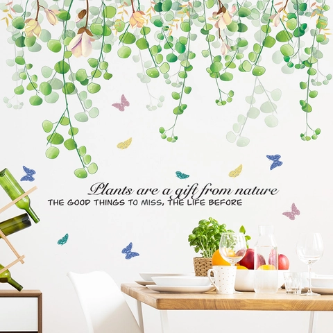 Pegatina de Pared Hojas Verdes Mariposas PVC Autoadhesivo Botánico Floral Calcomanía Para Sala de Estar Dormitorio Decoración
