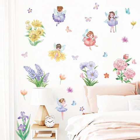 Cartoon Bloem Fee Muurstickers Vlinder Floraal Aquarel DIY Muurstickers Voor Kinderen Meisjes Slaapkamer Decoratie