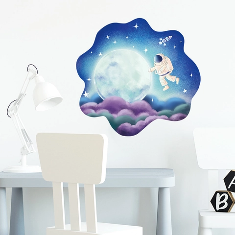 Adesivo Murale Astronauta Cielo Stellato Cartone Animato in PVC Autoadesivo Tema Spaziale Luna Razzo per Cameretta Bambini Casa Decor
