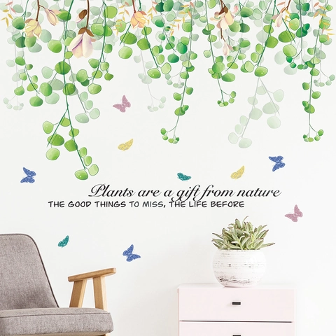 Pegatina de Pared Hojas Verdes Mariposas PVC Autoadhesivo Botánico Floral Calcomanía Para Sala de Estar Dormitorio Decoración