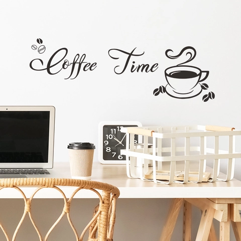 Adesivo da Parete Coffee Time Removibile in PVC Con Tazza di Caffè e Chicchi Fai da Te per Bar Cucina Sala da Pranzo Casa