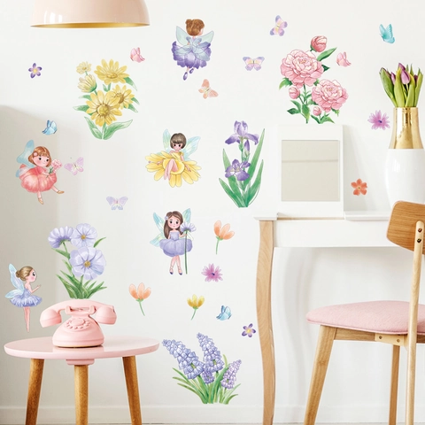 Cartoon Bloem Fee Muurstickers Vlinder Floraal Aquarel DIY Muurstickers Voor Kinderen Meisjes Slaapkamer Decoratie
