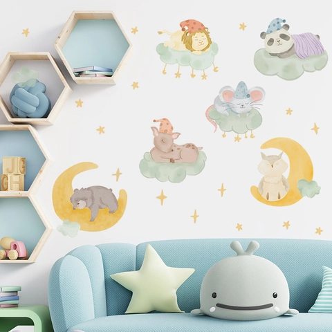 Pegatinas De Pared Animales Dibujos Animados Luna Estrellas PVC Acuarela Decoración Guardería Para Dormitorio Niños Bebé
