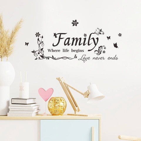 Family Where Life Begins Love Never Ends Wall Decal Floral Butterfly PVC Removable Wall Sticker For Home Living Room Decor