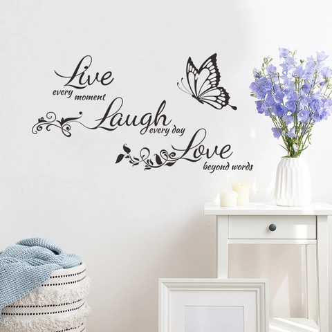 Adesivi Murali Con Citazioni Inglesi Motivazionali e Farfalle Live Every Moment Laugh Every Day Decorazione Parete PVC