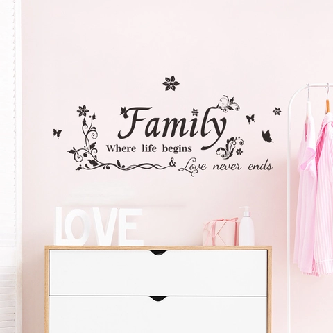 Family Where Life Begins Love Never Ends Wall Decal Floral Butterfly PVC Removable Wall Sticker For Home Living Room Decor