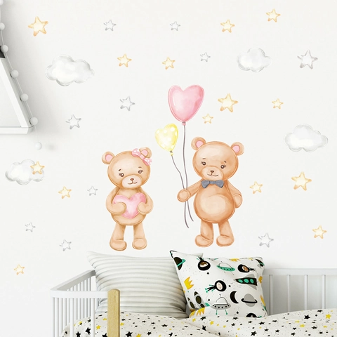 Adesivi Murali Acquerello Cartone Animato Orso Cuore Nuvola Stella per Cameretta Bambini Home Decor PVC Fai-da-te Adesivo