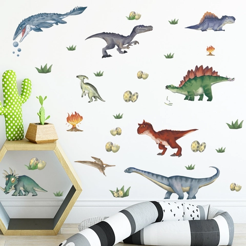 Pegatinas de Pared Mundo de Dinosaurios de Dibujos Animados Acuarela Calcomanías de PVC Para Niños Dormitorio Sala Estar Decoración