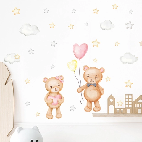 Adesivi Murali Acquerello Cartone Animato Orso Cuore Nuvola Stella per Cameretta Bambini Home Decor PVC Fai-da-te Adesivo
