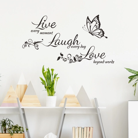 Adesivi Murali Con Citazioni Inglesi Motivazionali e Farfalle Live Every Moment Laugh Every Day Decorazione Parete PVC