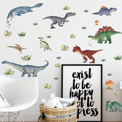 Pegatinas de Pared Mundo de Dinosaurios de Dibujos Animados Acuarela Calcomanías de PVC Para Niños Dormitorio Sala Estar Decoración