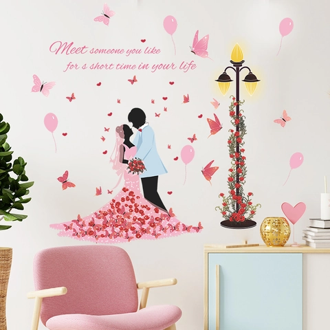 Romantic Couple Silhouette Butterfly Wedding Dress Wall Sticker Pink Balloon Rose Street Lamp Removable PVC DIY Home Decor Mural