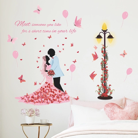 Romantic Couple Silhouette Butterfly Wedding Dress Wall Sticker Pink Balloon Rose Street Lamp Removable PVC DIY Home Decor Mural