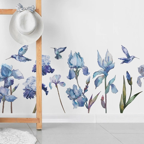 Adesivo Murale Acquerello Iris e Colibrì Decalcomanie Murali Floreali Blu in PVC Rimovibili per Soggiorno Camera da Letto