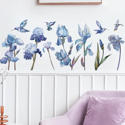 Adesivo Murale Acquerello Iris e Colibrì Decalcomanie Murali Floreali Blu in PVC Rimovibili per Soggiorno Camera da Letto