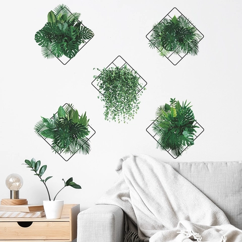 Adhesivo de Pared de Plantas Tropicales Nórdicas PVC Diseño de Rejilla Autoadhesivo para Sala de Estar Dormitorio Decoración
