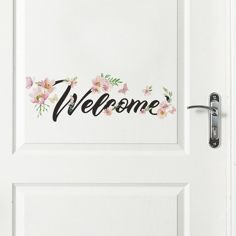 Welcome Englisch Slogan Wandtattoo Mit Rosa Blume Schmetterling Muster PVC Selbstklebende Tür Aufkleber Für Wohnzimmer Deko