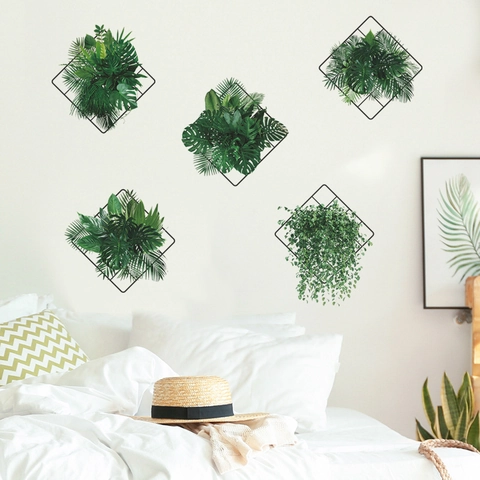Adhesivo de Pared de Plantas Tropicales Nórdicas PVC Diseño de Rejilla Autoadhesivo para Sala de Estar Dormitorio Decoración