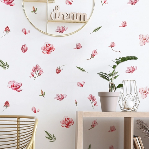 Romantische Aquarell Rosa Magnolien Blumen Wandaufkleber PVC Selbstklebend Floral Wandtattoo Für Wohnzimmer Schlafzimmer Deko