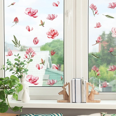 Romantische Aquarell Rosa Magnolien Blumen Wandaufkleber PVC Selbstklebend Floral Wandtattoo Für Wohnzimmer Schlafzimmer Deko