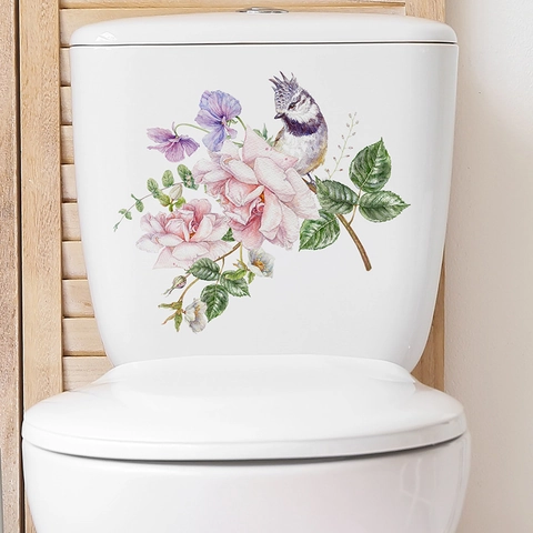 Watercolor Rose Floral Bird Toilet Sticker PVC Waterproof Removable Self-Adhesive Bathroom Wall Decal Home Decor Art Mural