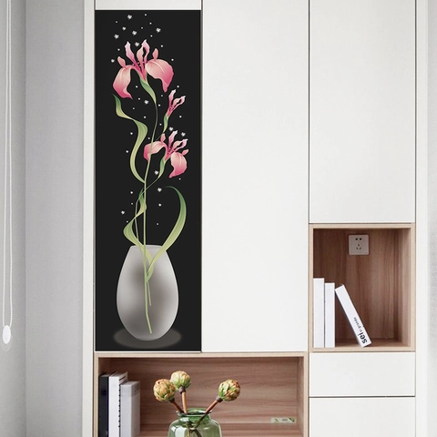 Modern Minimalistisch Rosa Iris Blume Vase PVC Wandaufkleber Schwarz Hintergrund Abnehmbare Dekorative Wandtattoo Für Schlafzimmer